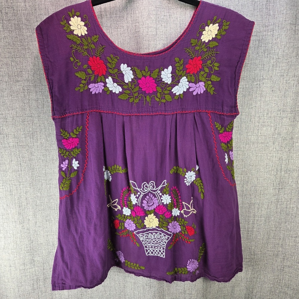 Siren Mexican La Marina Hand Embroidered Floral Blouse Top Purple Fiesta Med